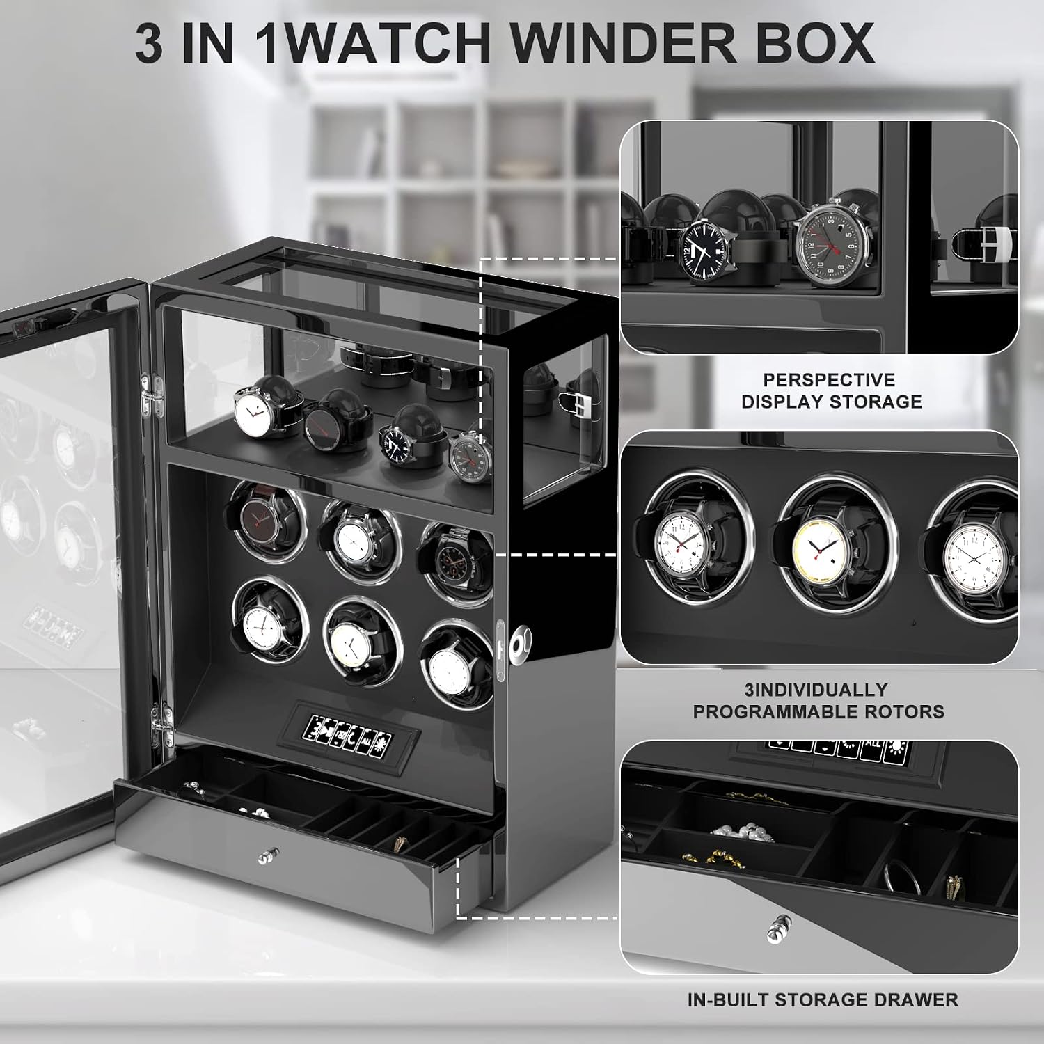 DUKWIN Watch Winder, Fingerprint Lock Automatic Watch Winder for 3/6/9 Watches with 4 Holders,300-2300 TPD,Digital Display, Remote Control,Jewelry Storage and Adjustable Watch Pillow and LED Light