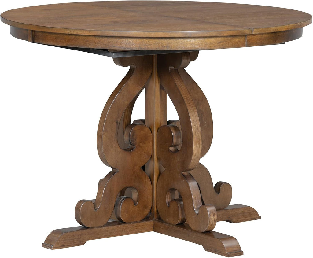 Merax Dining Table Set for 4, Extendable Round Tabletop with 16 inch Leaf and Upholstered Chairs, Retro Hollowed-Out Carving Design, Walnut