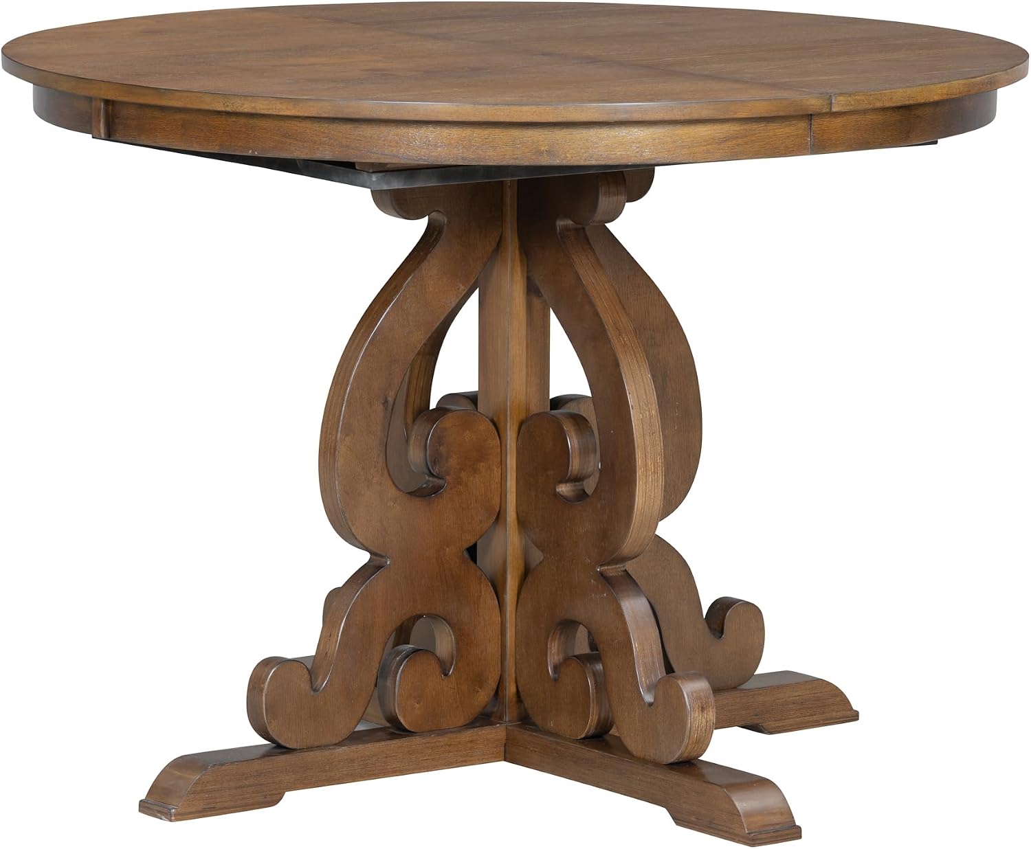 Merax Dining Table Set for 4, Extendable Round Tabletop with 16 inch Leaf and Upholstered Chairs, Retro Hollowed-Out Carving Design, Walnut