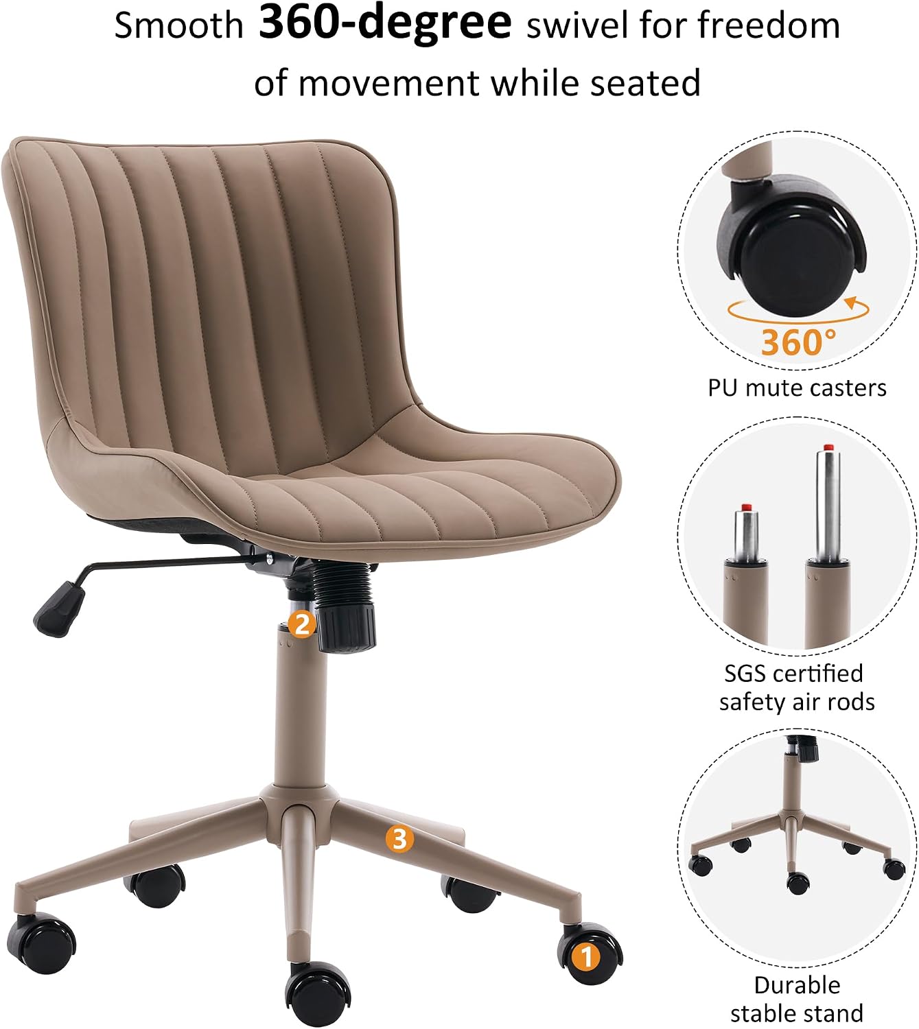 YOUNIKE Home Office Desk Chair with Wheels Armless Vanity Chair with Back Comfy Modern Leather Upholstered Rolling Task Chair Swivel Small Cute Sewing Chair No Arms Wide Adjustable Ergonomic All Khaki