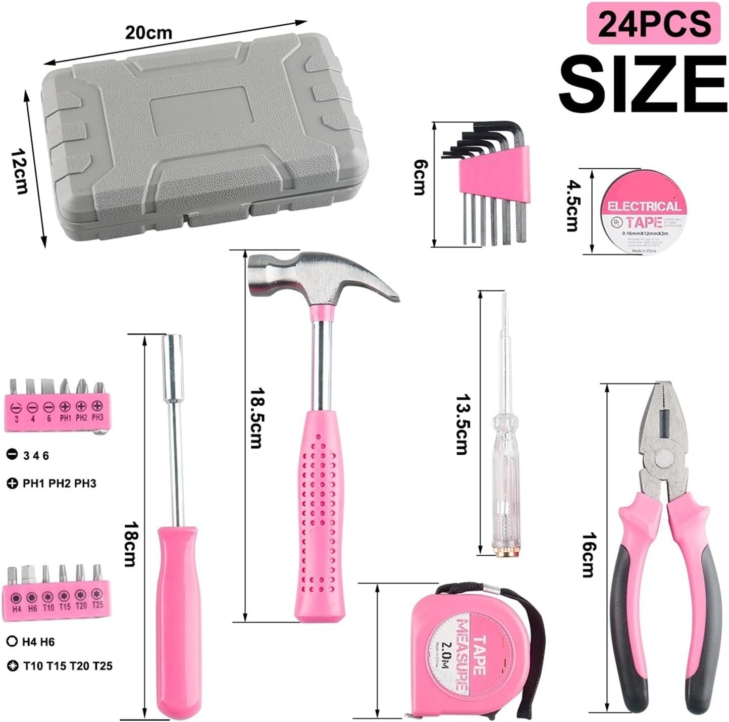 24 In 1 Multifunctional Home Repair Hand Tool Set Pliers Tape Measure Hammer Wrench Screwdriver Pink Hardware With Toolbox(24pcs yellow)