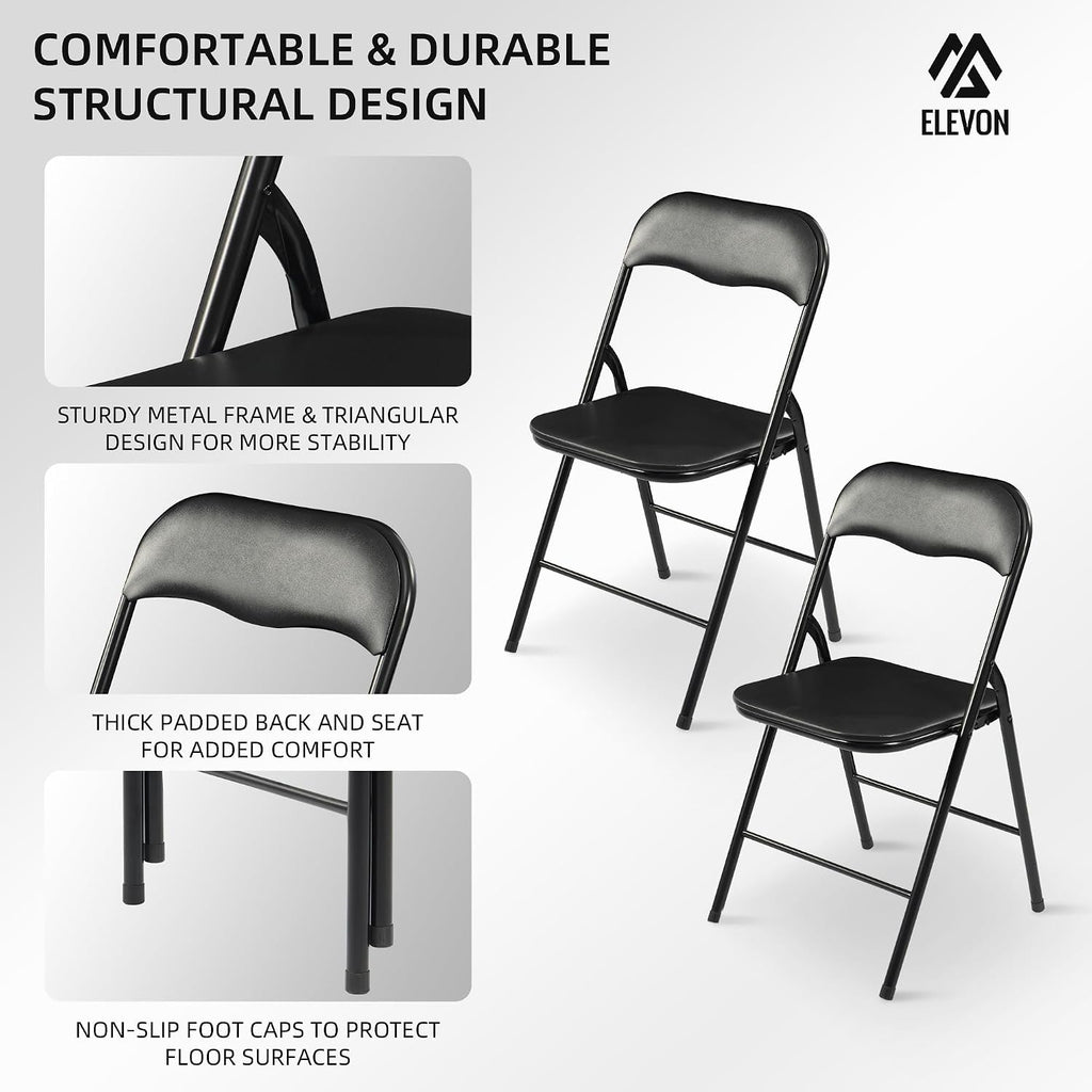 Elevon Folding Chairs 6 Pack, Padded Vinyl Cushion Chairs with Sturdy Metal Frame for for Home and Office, for Indoor and Outdoor Events, 300lb Capacity, Black