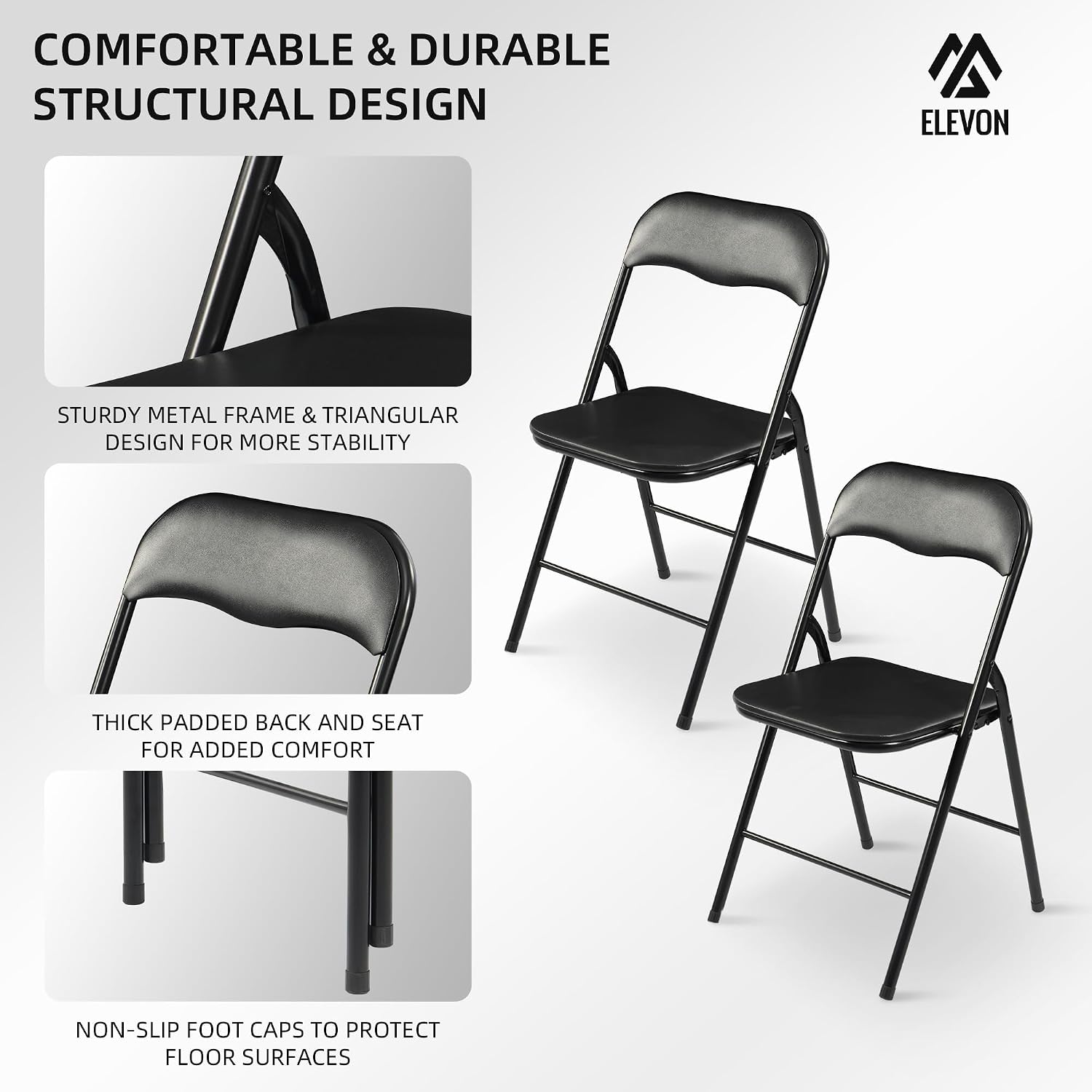 Elevon Folding Chairs 6 Pack, Padded Vinyl Cushion Chairs with Sturdy Metal Frame for for Home and Office, for Indoor and Outdoor Events, 300lb Capacity, Black