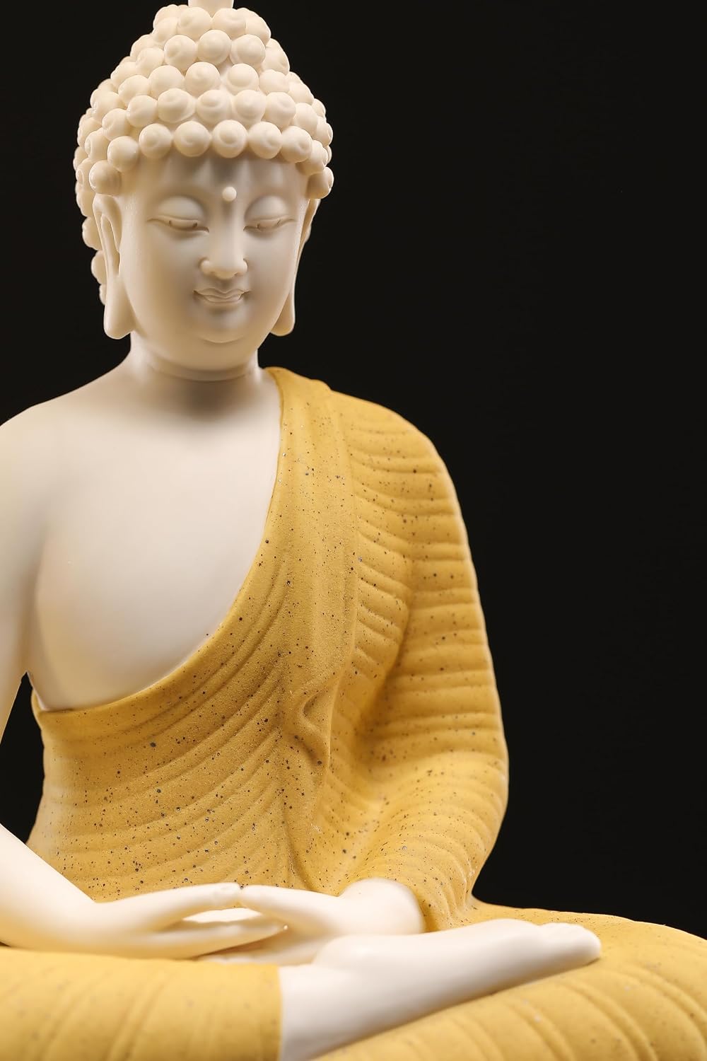 Houlu Yellow Buddha Statue with Green Artificial Tree and LED Circle Table Lamp, Indoor Ceramic Buddha Statues for Home Decor, 16.5 in