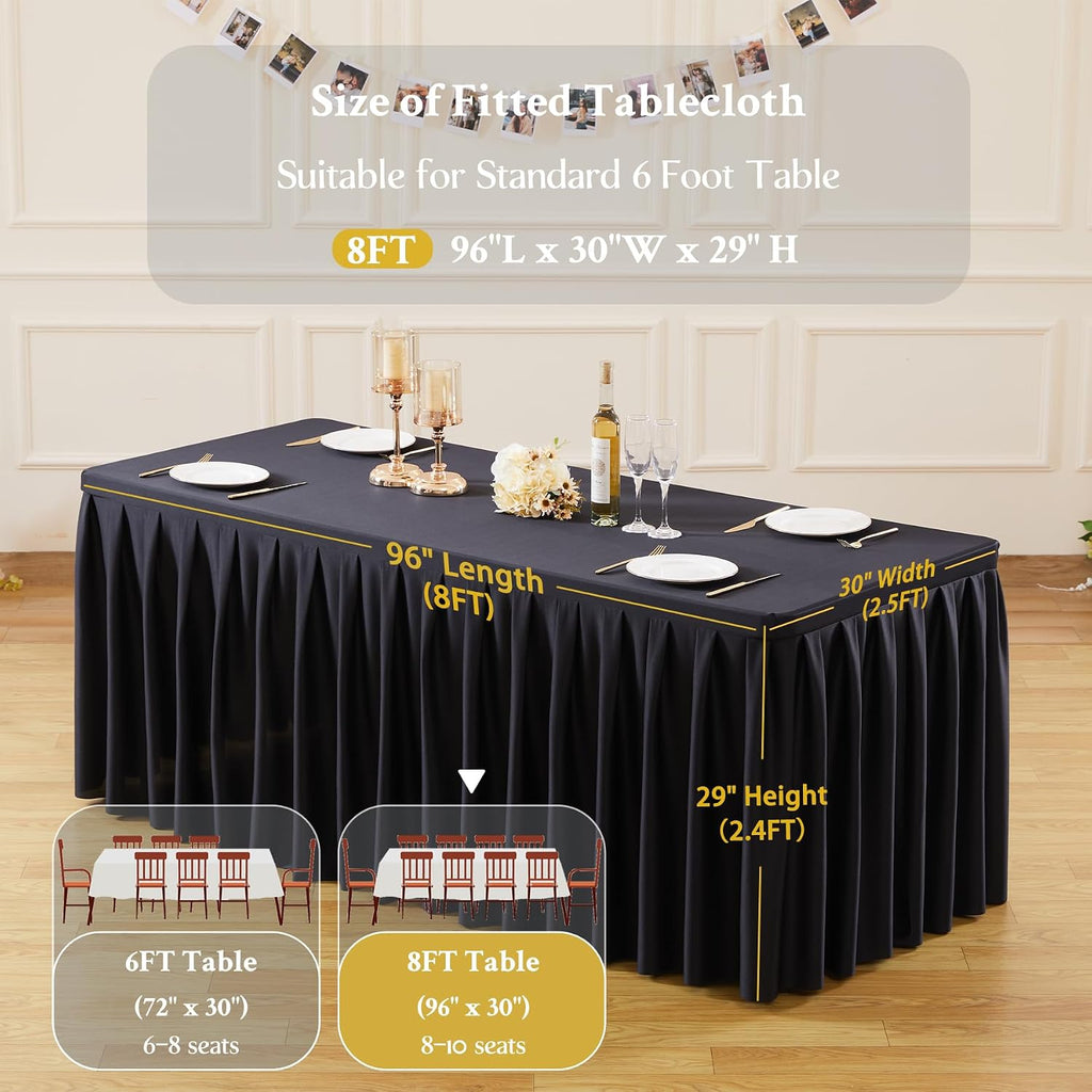 8 Pack Black Rectangle Tablecloth 8 FT Stretch Spandex Fitted Table Cloth for 8 Foot Rectangle Tables Banquet Tablecloths Wrinkle Free Table Cover Skirt Ruffle Tablecloth for Party Wedding Birthday