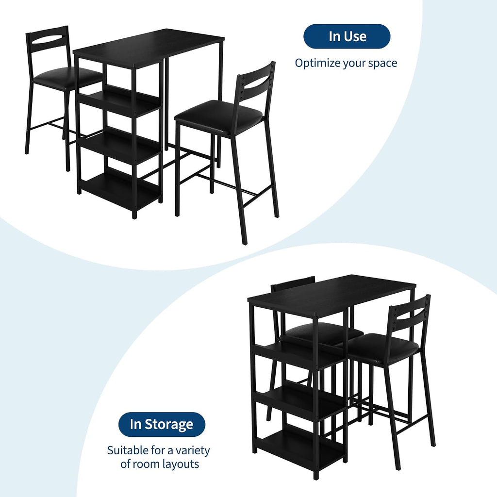 GarveeHome 3-Piece Kitchen Table Set with Storage Shelves & 2 Upholstered Chairs - Iron and Wood Dining Table for Small Spaces, Apartments, Condos, Black