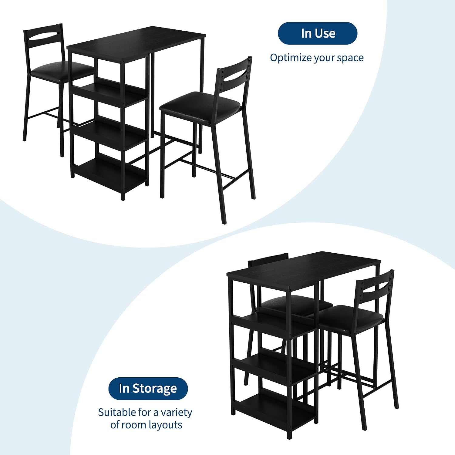 GarveeHome 3-Piece Kitchen Table Set with Storage Shelves & 2 Upholstered Chairs - Iron and Wood Dining Table for Small Spaces, Apartments, Condos, Black