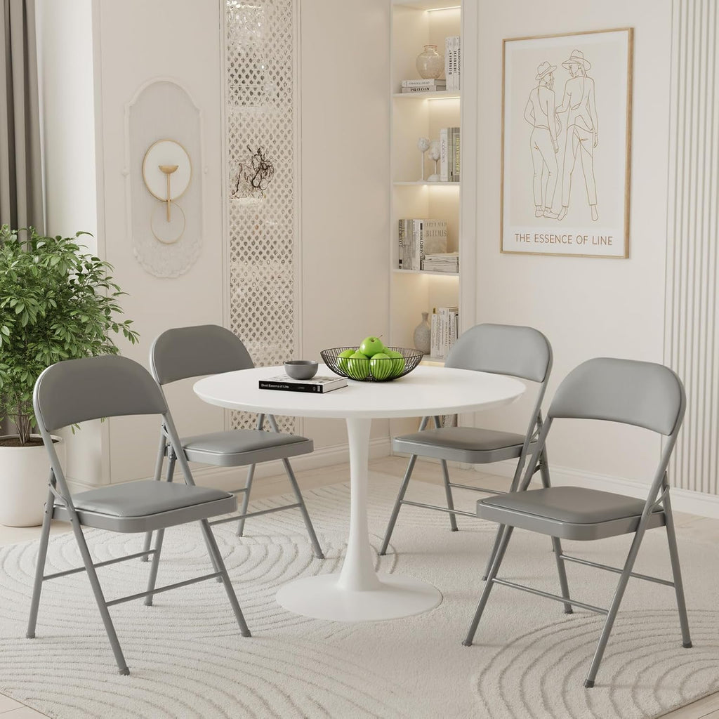 DUMOS 8 Pack Folding Chairs with Padded Cushion and Back - PU Leather Stackable Portable Dining Chairs Set, for Home and Office, Conference, Wedding, Party, Patio, Garden, for Indoor Outdoor, Grey
