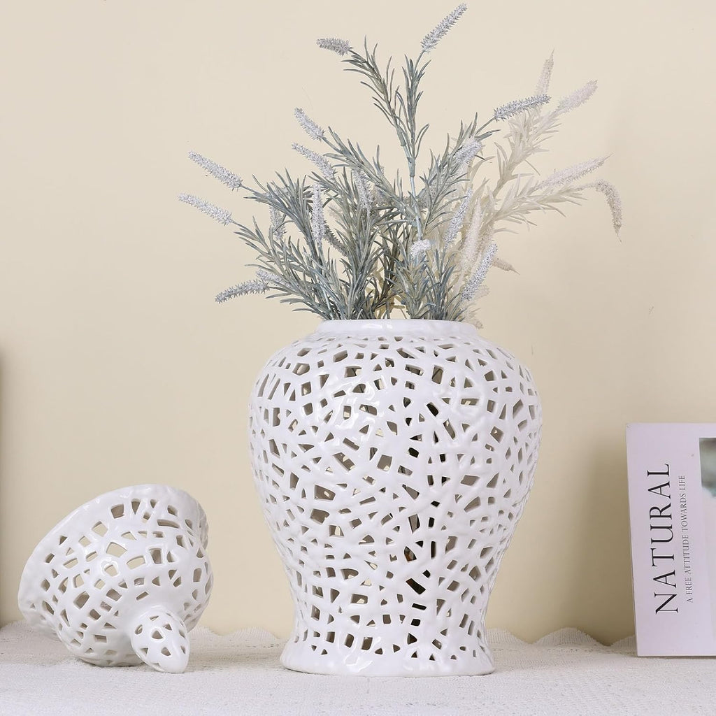 White Pierced Ginger Jar Vase with Lid - 15.7' Tall White Decorative Ceramic Jar for Home Decor, Centerpiece for Living Room, Dining Room, Entryway, or Office, Large White Vase for Flowers
