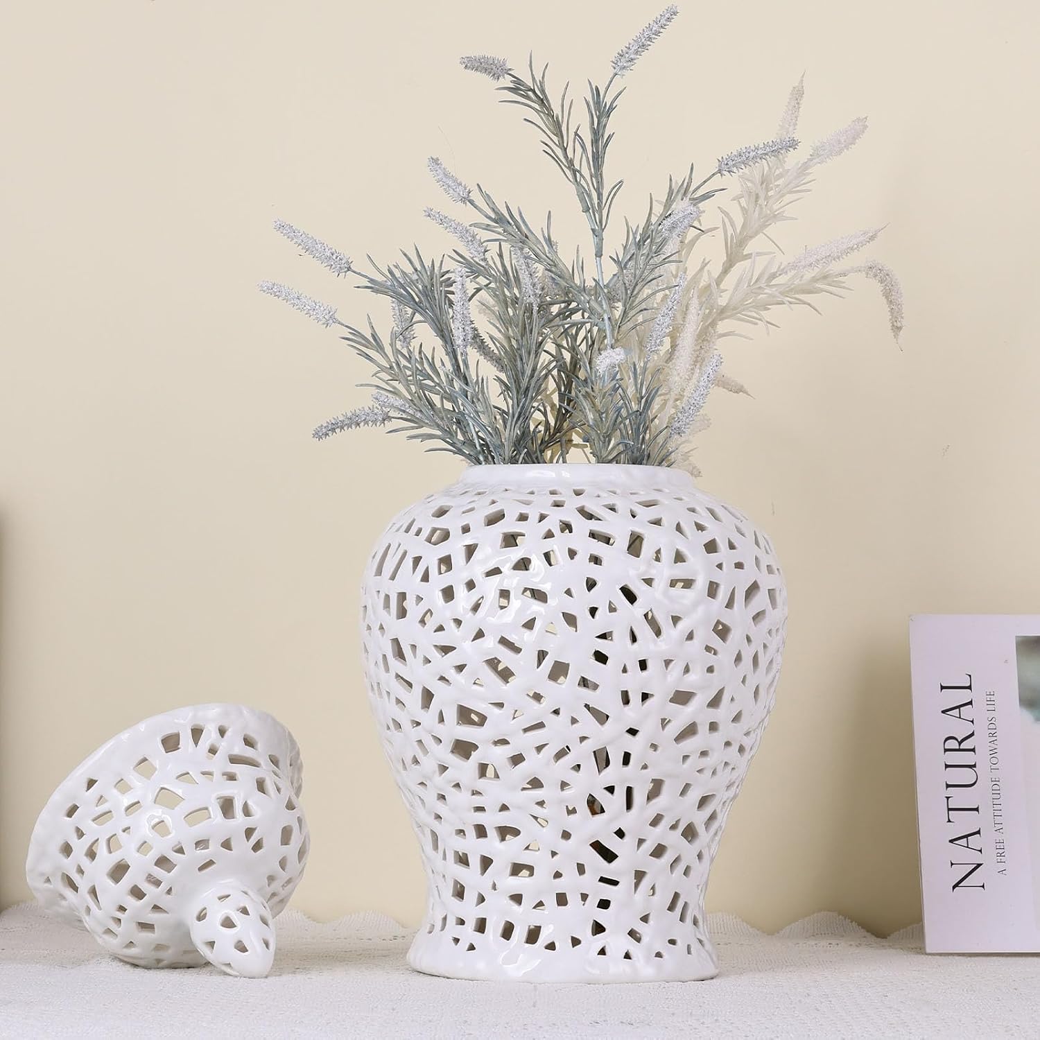 White Pierced Ginger Jar Vase with Lid - 15.7' Tall White Decorative Ceramic Jar for Home Decor, Centerpiece for Living Room, Dining Room, Entryway, or Office, Large White Vase for Flowers