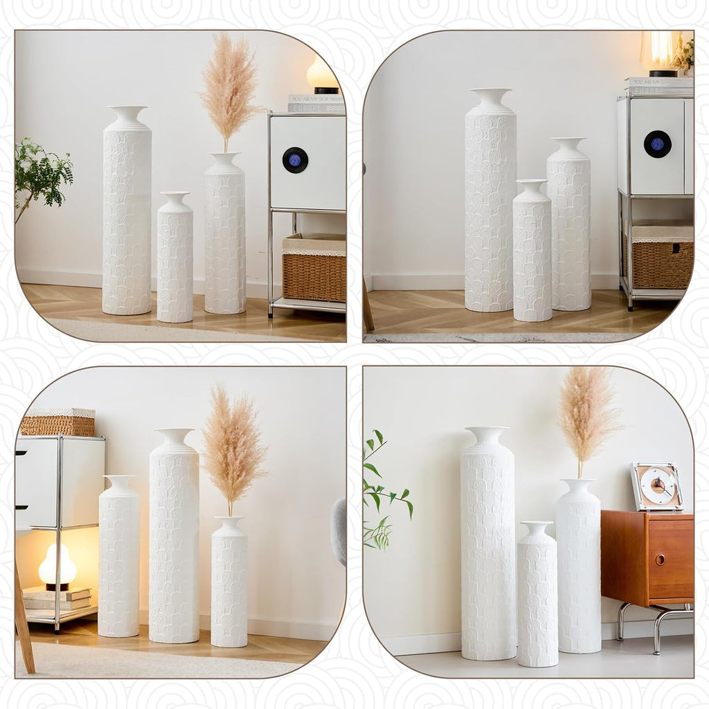 Set of 3 Textured White Metal Floor Vases, Tall Modern Decorative Vases, American Style Large Floor Vases for Entryway, Living Room, Minimalist & Coastal Home Decor