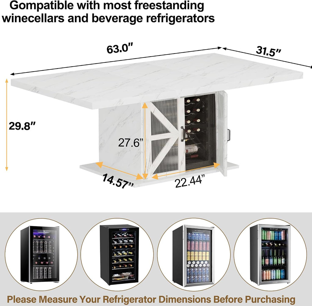 LVB Modern Dining Table for 4 to 6, White Rectangle Kitchen Table with Storage, Wooden Pedestal Dining Room Table with Fridge Space, Large Dinner Tables for Home,Living Room,White Faux Marble, 63 Inch