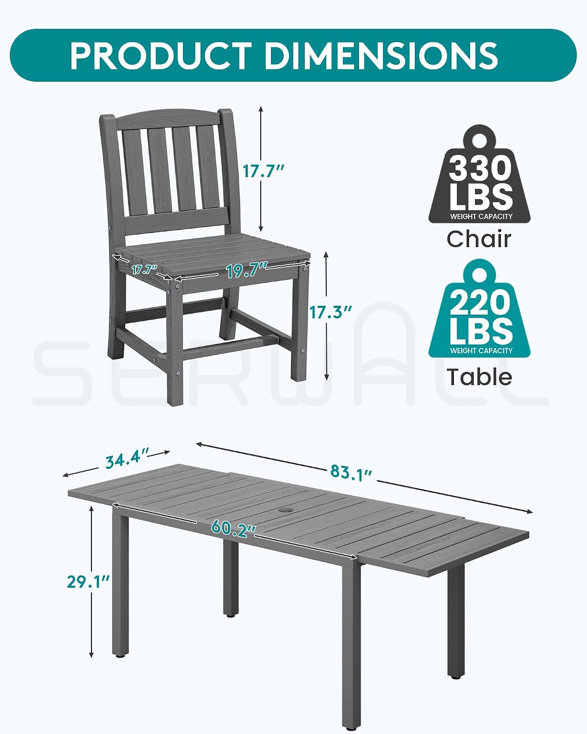 SERWALL Outdoor Dining Chairs Set of 2, All-Weather HDPE Patio Armless Chairs Suitable Outdoor Dining Table, Grey