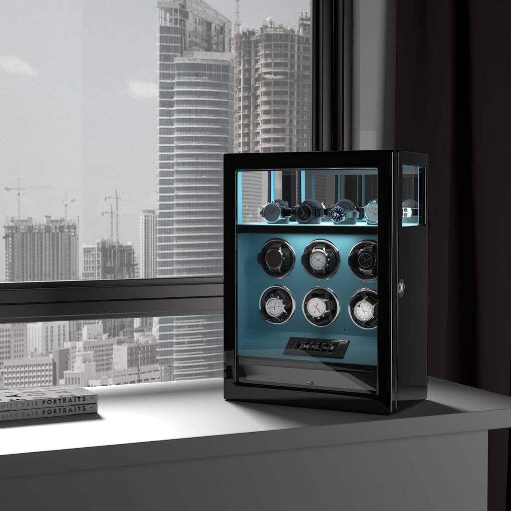 DUKWIN Watch Winder, Fingerprint Lock Automatic Watch Winder for 3/6/9 Watches with 4 Holders,300-2300 TPD,Digital Display, Remote Control,Jewelry Storage and Adjustable Watch Pillow and LED Light