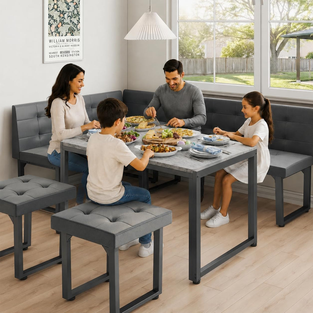 XIAO WEI Corner Dining Table Set for Small Spaces, 70 Inch Breakfast Nook with Storage Banquette, 5 Piece Dining Set with Upholstered Bench, Modern Grey