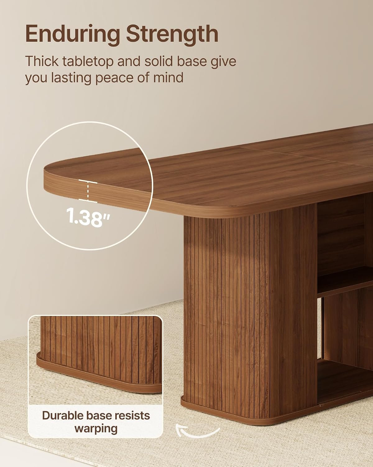 SUNCOZE Mid-Centur Dinner Tables for 4/6/8, 70.9' Rectangle Dining Room Table with Large Tabletop and Sliding Tambour Doors, Fluted Dining Table 2-Layer Storage for Kitchen and Living Room, Walnut