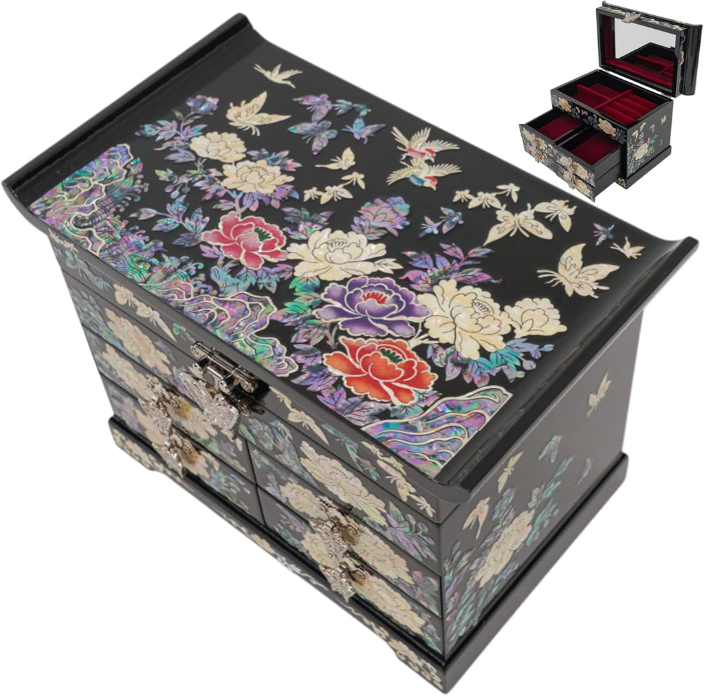 February Mountain Mother of Pearl Wooden Jewelry Organizer Box – Jewelry Storage Box for Women, Features Spacious Drawers, Ideal for Rings, Bracelets, Watches, Chains, Accessories (Colorful Flowers)