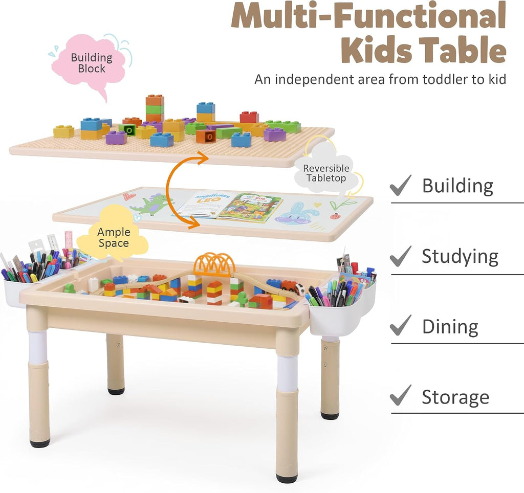 Kids Table and Chairs Set Large Storage, Height Adjustable Toddler Activity Table and 2 Chairs Set, 34.6x24.8' Graffiti/Block Building Desktop, 4 Side Boxes, Kids desk for Home, Preschool, Classroom