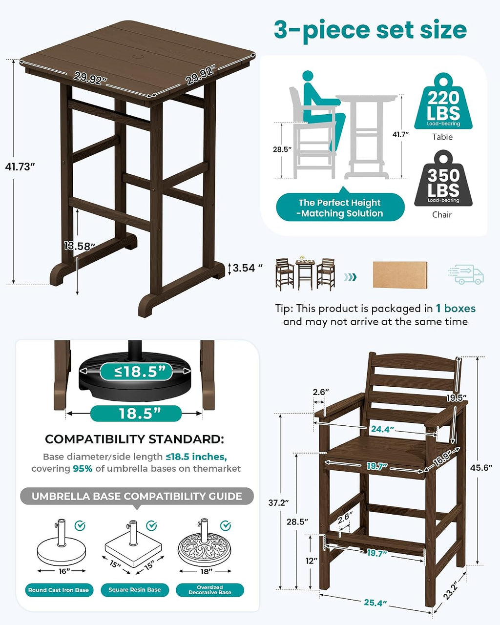 SERWALL HDPE Outdoor Patio Bar Set, Tall Adirondack Bar Chair and Table Set (Coffee, 3 pcs)