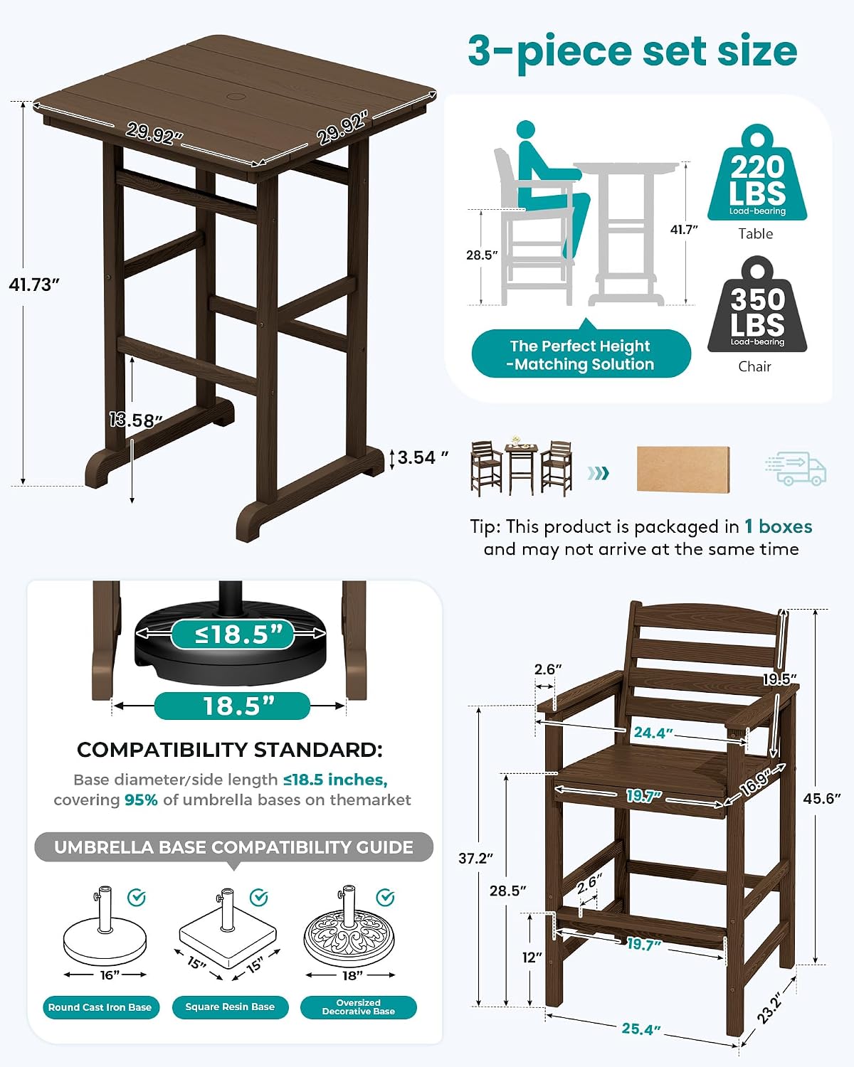 SERWALL HDPE Outdoor Patio Bar Set, Tall Adirondack Bar Chair and Table Set (Coffee, 3 pcs)