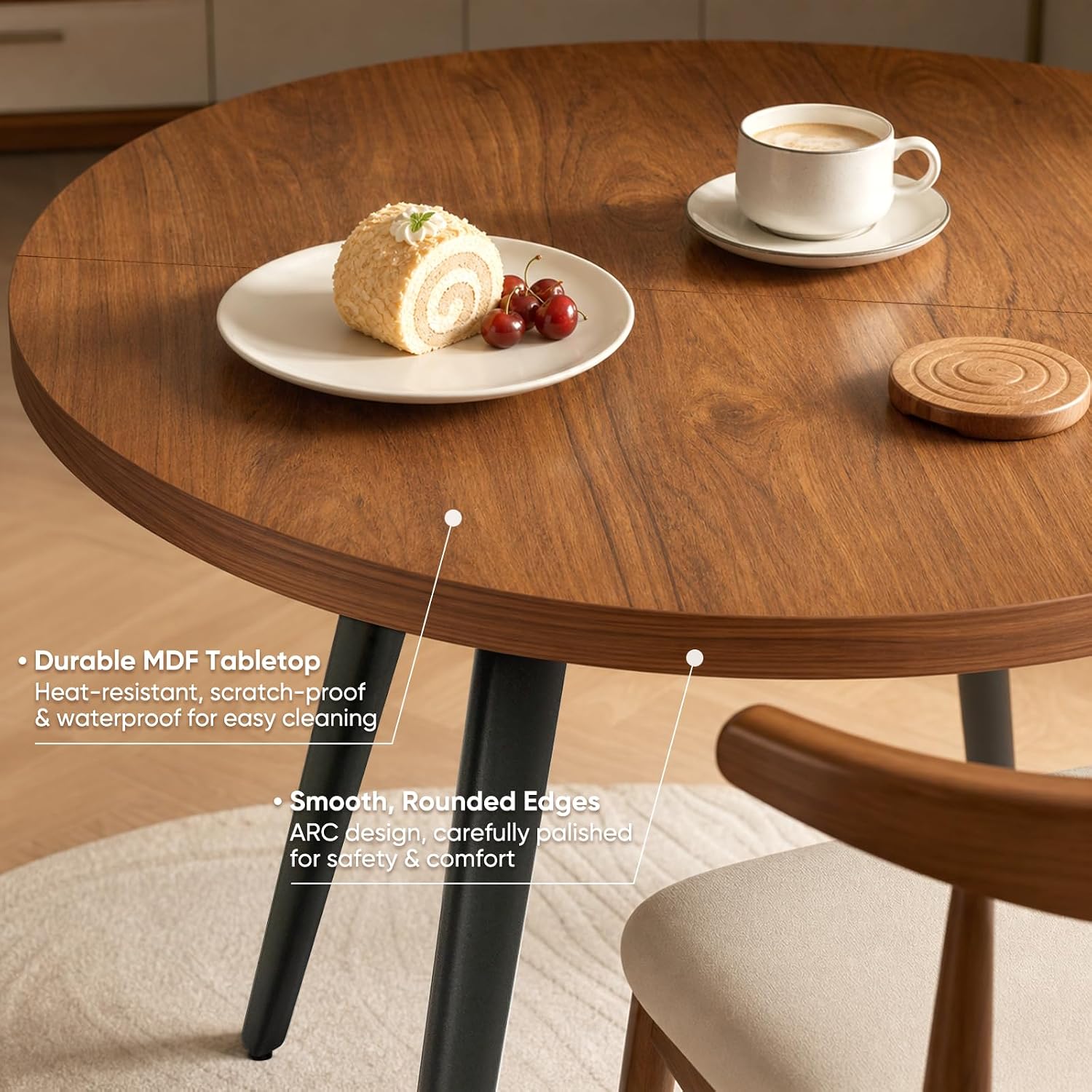 Round Dining Table, Small Dining Table for 2, 31.5' Round Table, Mid-Century Modern Kitchen Table with 1.4' Thickness Wood Grain Tabletop for or Small Space, Dining Room, Kitchen, UG Brown
