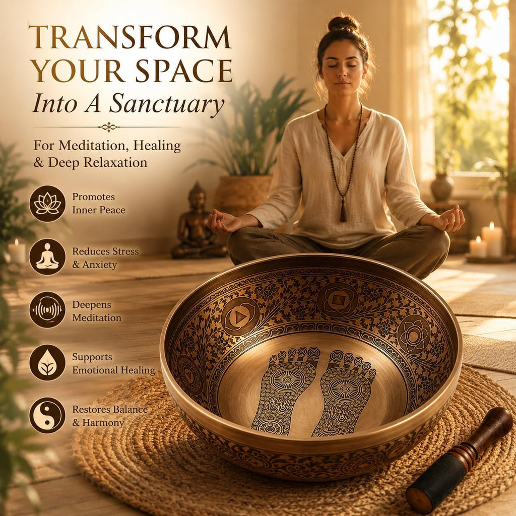 16 Inch Buddha Foot Singing Bowl Handmade in Nepal | Etched Meditation Sound Bowl for Healing Sound Bath Yoga Relaxation Mindfulness & Spiritual Wellness