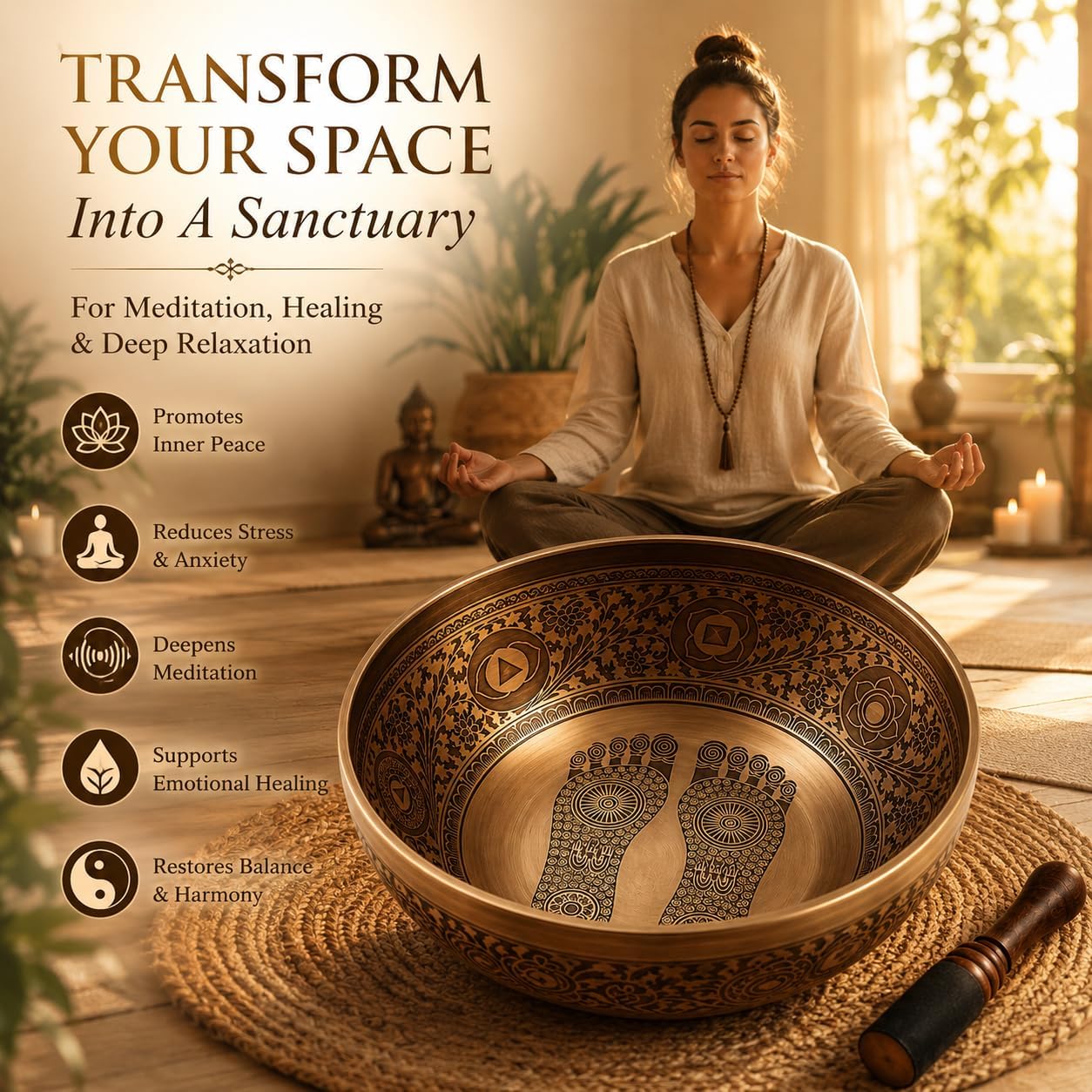 16 Inch Buddha Foot Singing Bowl Handmade in Nepal | Etched Meditation Sound Bowl for Healing Sound Bath Yoga Relaxation Mindfulness & Spiritual Wellness