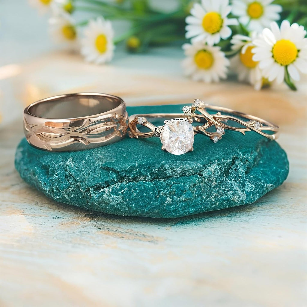 SISGEM Moissanite Couple Rings Set, 10K 14K 18K Solid Gold Moissanite Wedding Rings for Him And Her, Vintage Leaf/Branch Wedding Bands Matching Couple Rings Anniversary Jewelry Gift for Women And Men