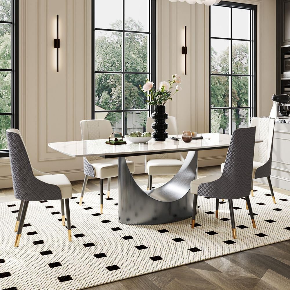 POVISON 71' Modern Dining Table for 6, Glossy White Dining Room Table, Sintered Stone Minimalist Tabletop with Gray Carbon Steel Pedestal, 71 inch Rectangle Dining Table (Table Only)