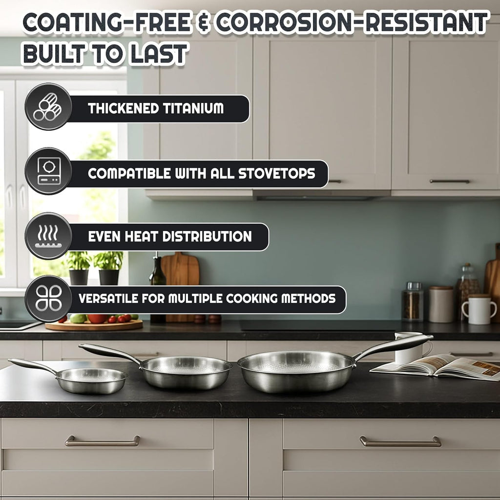 LemonRoad 3 Pcs 10.23', 11.02', 11.81' Titanium Pan Set for Cooking, Hammered Pan with Lid for Cooking Durable Scratch Resistant, Safe for Oven Induction