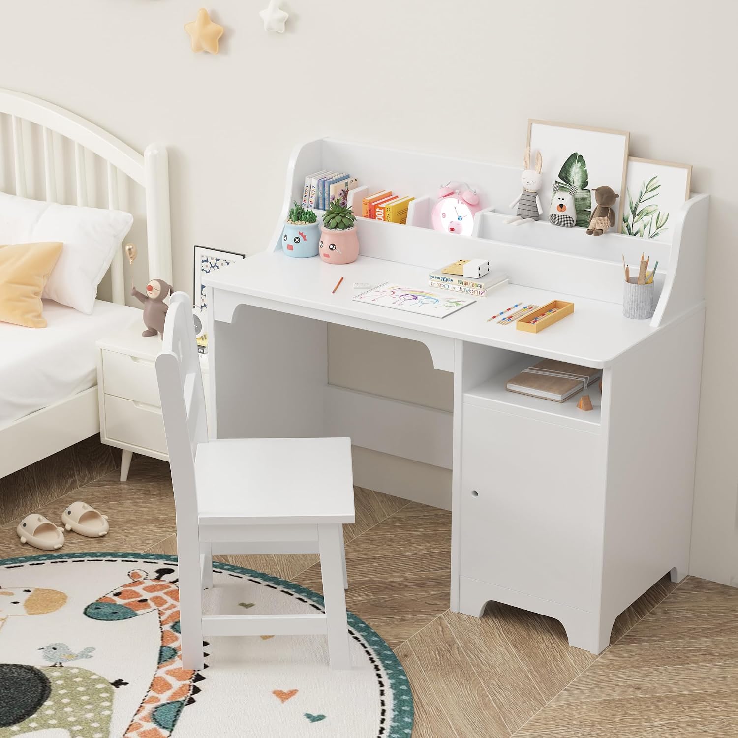 Kids Study Desk with Chair,Wooden Children Study Table, Kids Desk & Chair Sets with Hutch and Storage Cabinet for 3-12 Year Old, Student Writing Desk Computer Workstation for Kids Bedroom & Study Room