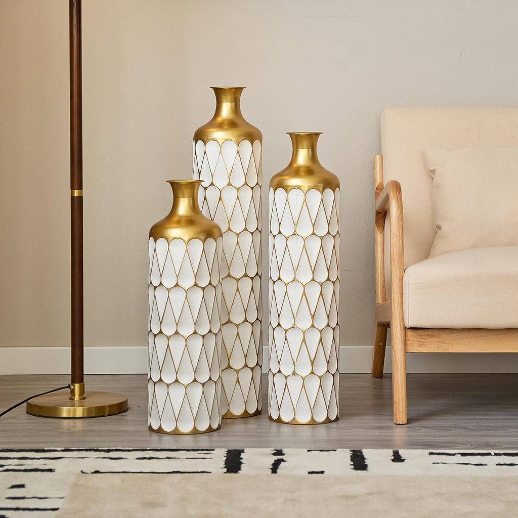 Floor Metal Decorated Vases Set of 3 for Gorgeous Home Decoration Large Glazed Metal Vases (Gold+Antique White)