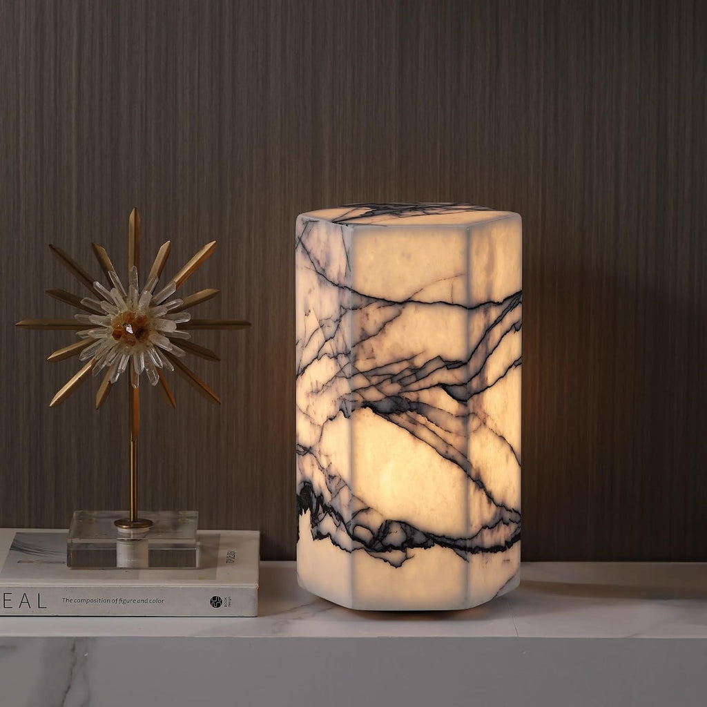 Handcrafted Real Marble Table Lamp, Stone Lamp with Tri-Color Dimmable LED, Bedside Lamp, Small Table Lamp for Home Decor, Accent Table Lamp for Bedroom Living Room, Hexagon