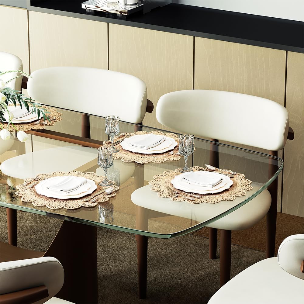 POVISON 71' Glass Dining Table for 6-8, Modern Rectangular Dining Table,Tempered Glass Table Top with U-Shaped Bronze Base,Ideal for Kitchens, Living Rooms(Table Only)