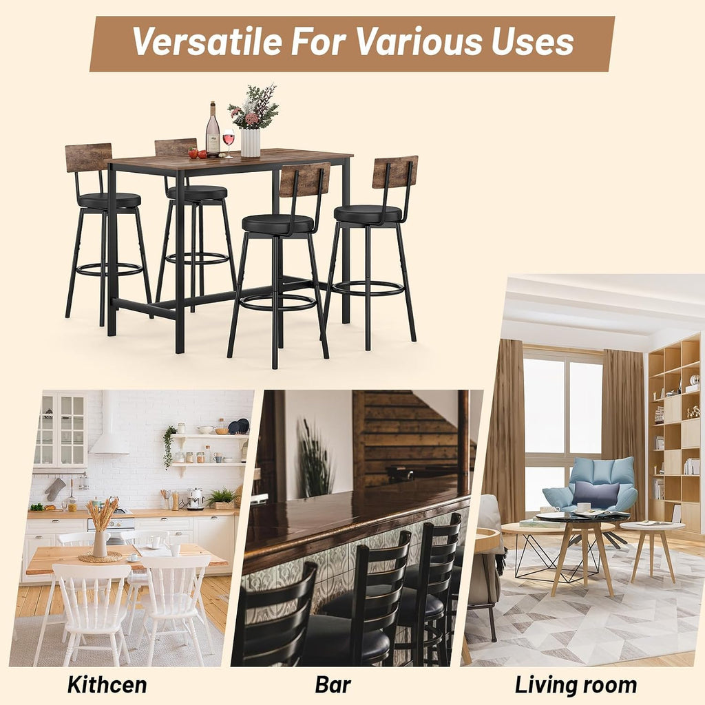 Zevemomo 5-Piece Dining Table Set, Bar Table Set for 4, Kitchen Table and Chairs, Counter Height High Top Table with 4 PU Upholstered Stools, Space-Saving Pub Table Sets for Small Space, Brown & Black