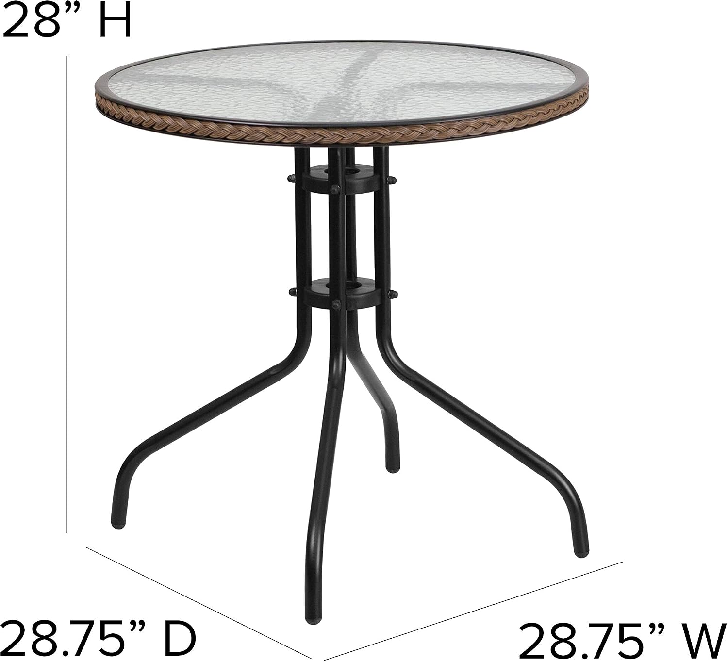 Flash Furniture Lila 28'' Round Glass Metal Table with Dark Brown Rattan Edging and 4 Dark Brown Rattan Stack Chairs
