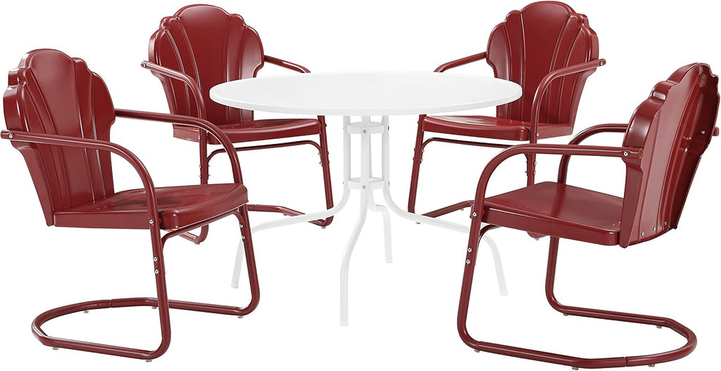 Crosley Furniture Tulip 5-Piece Outdoor Dining Set for 4, Retro Metal Round Patio Table and Chairs for Deck, Dark Red Satin