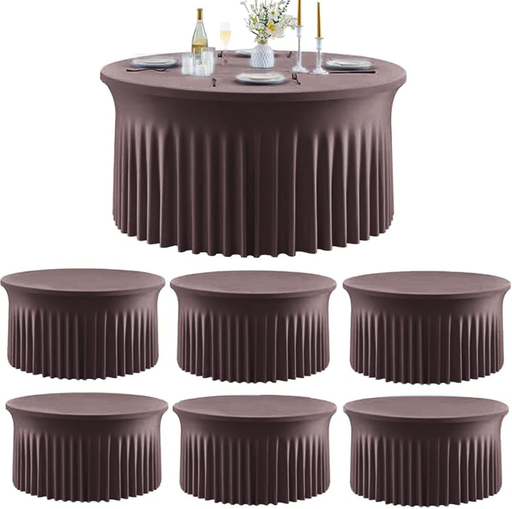Outpain 6 Pack Brown Spandex Tablecloth for 60in/5FT Round Tables,Stretchy 120inch Fitted Round Table Cloths, Wrinkle Free Tablecloth with Skirt for Wedding, Graduation & Banquet