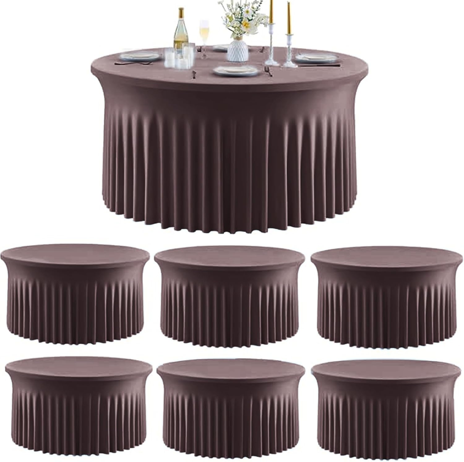 Outpain 6 Pack Brown Spandex Tablecloth for 60in/5FT Round Tables,Stretchy 120inch Fitted Round Table Cloths, Wrinkle Free Tablecloth with Skirt for Wedding, Graduation & Banquet