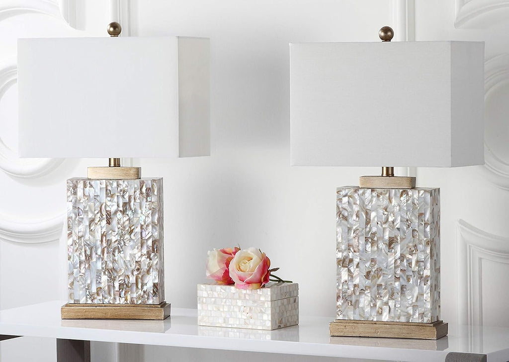 SAFAVIEH Lighting - Tory 24.5' Ivory Shell Table Lamp Set of 2 with White Rectangle Shades, Coastal Nautical Beach House Bedroom Living Room Lighting, LED Bulbs Included (LIT4107A-SET2)