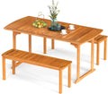 Tangkula 3 Piece Acacia Wood Patio Dining Table Set, 63' Large Patio Table & 2 Backless Benches w/Umbrella Hole, Farmhouse Indoor Outdoor Diner Furniture for Garden Poolside Deck Kitchen
