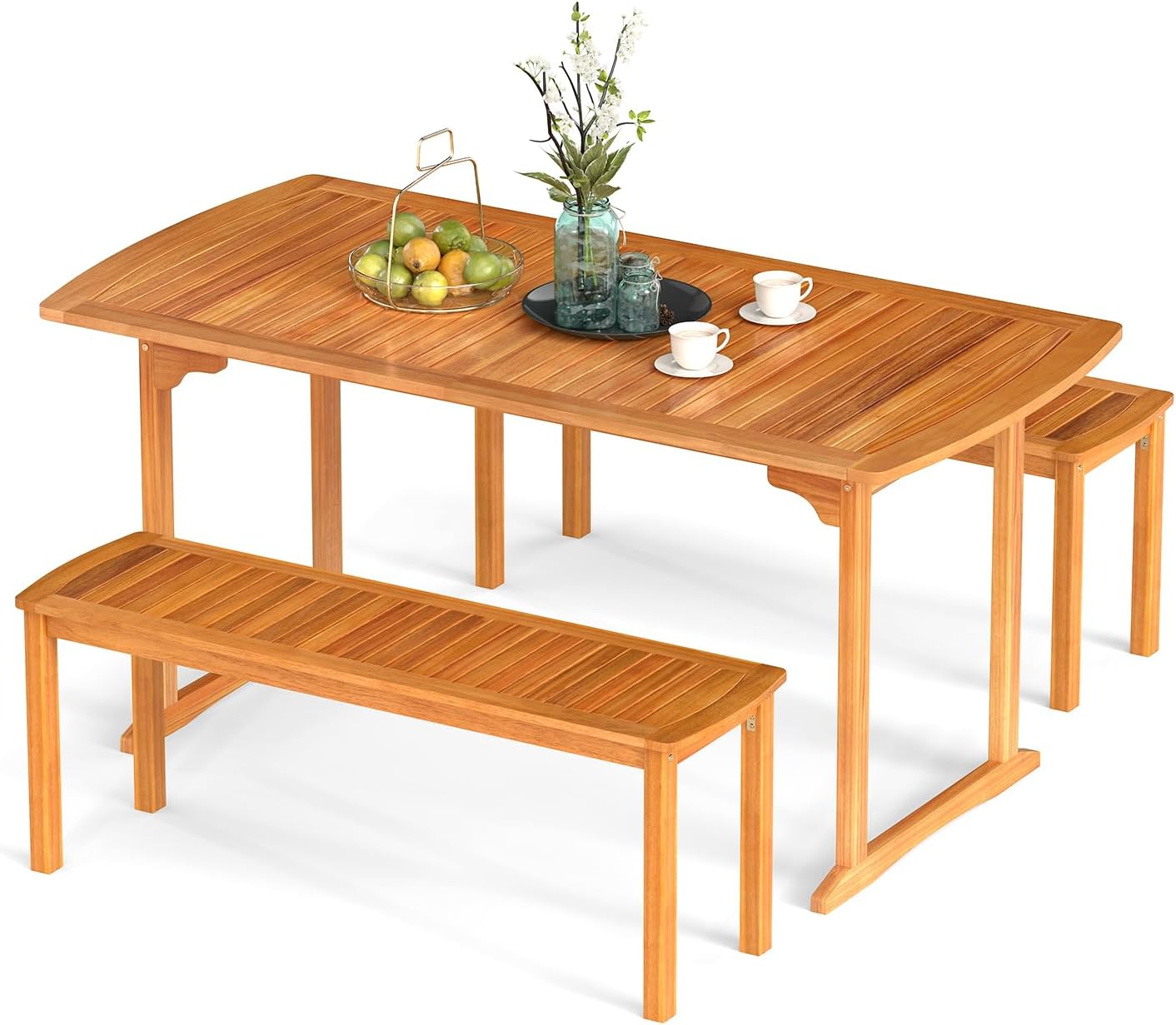 Tangkula 3 Piece Acacia Wood Patio Dining Table Set, 63' Large Patio Table & 2 Backless Benches w/Umbrella Hole, Farmhouse Indoor Outdoor Diner Furniture for Garden Poolside Deck Kitchen