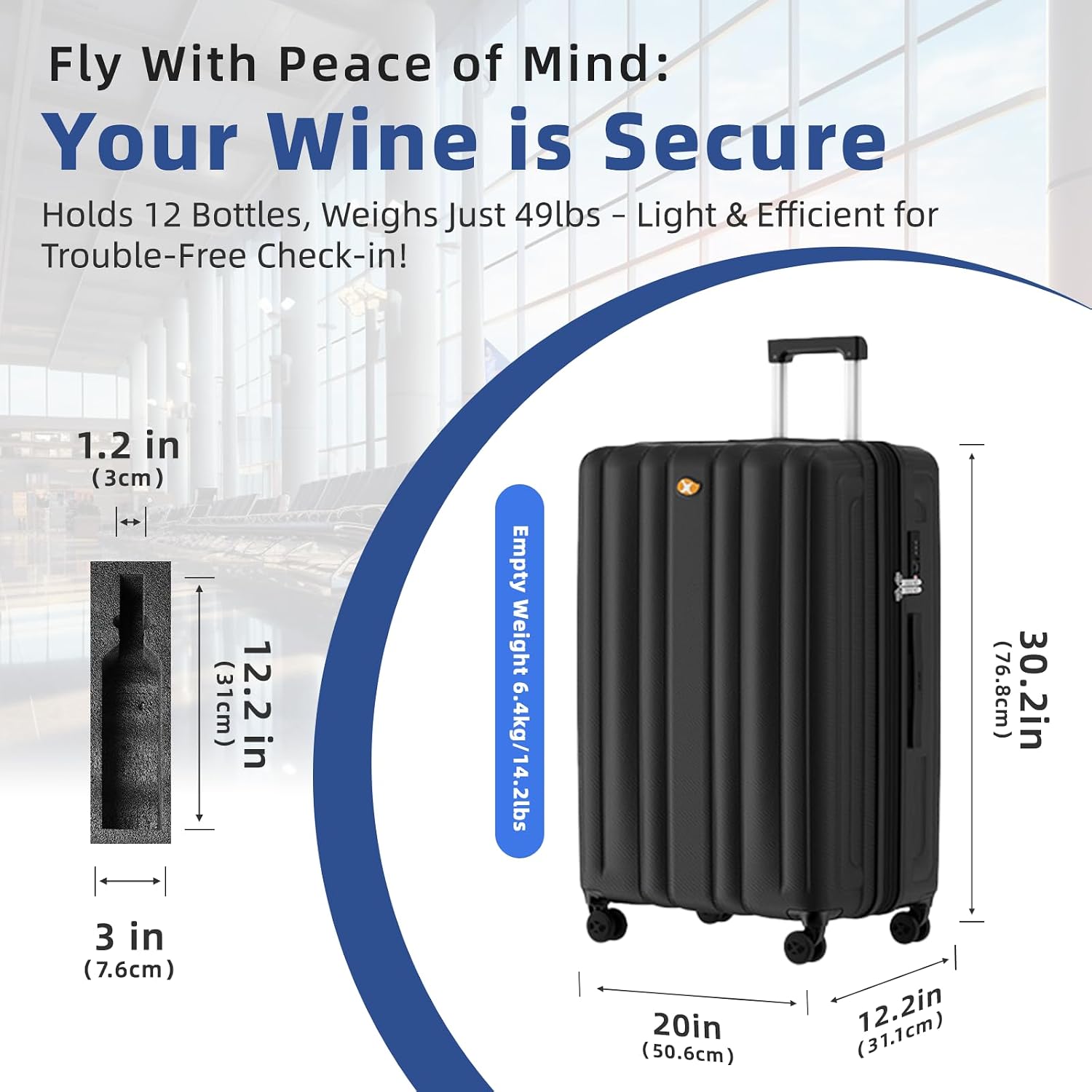 Suitcase for Wine With 12 Bottle Capacity, Durable Shipping Box, Travel Case With TSA Lock, Versatile Carrier, Removable Inserts and Silent Spinner Wheels (Midnight Black)