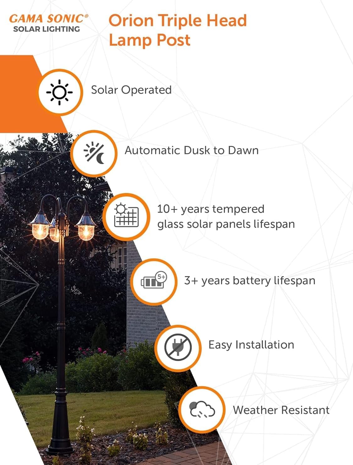 Gama Sonic Orion Outdoor Solar Lamp Post Light Kit, Triple Black Resin Industrial Style Downlight Lamp, Cast Aluminum Pole with Warm White Light 2700K, 123BM50003