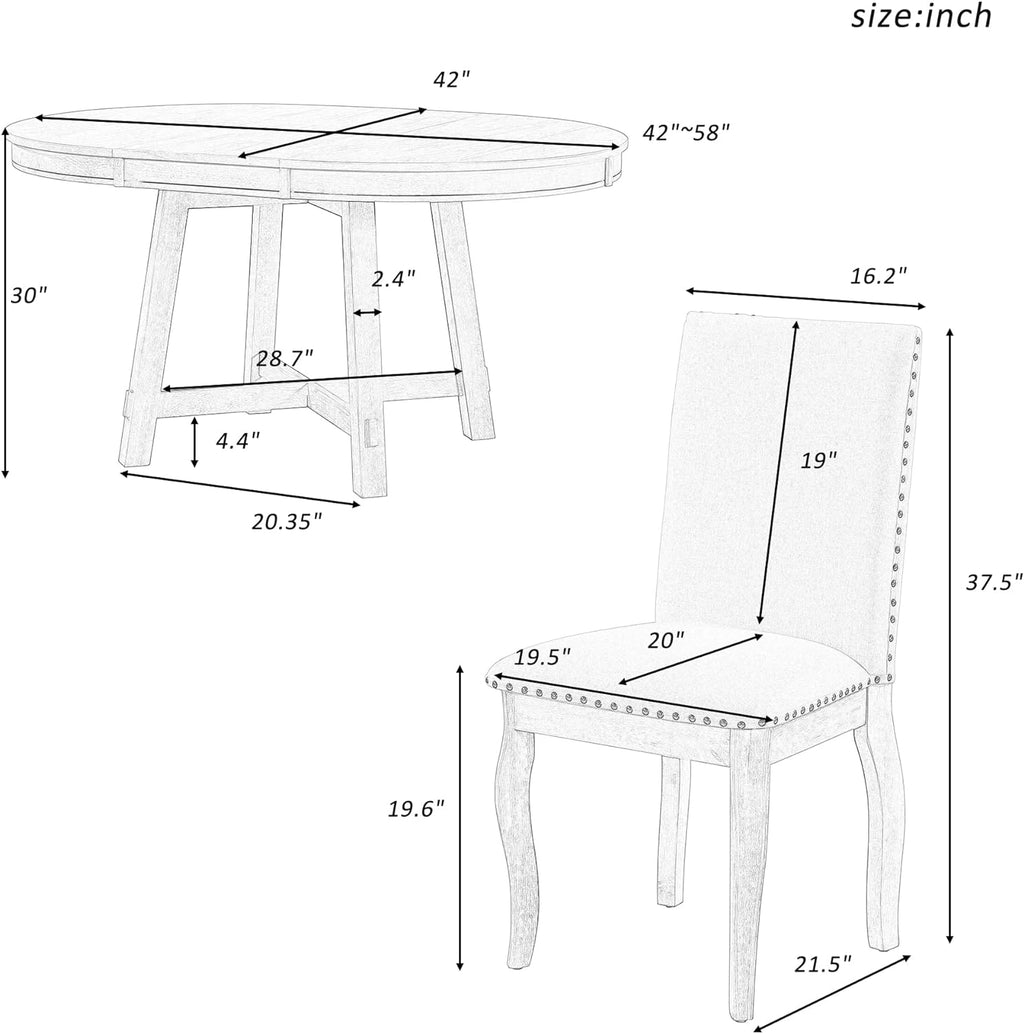 Harper & Bright Designs TREXM 5-Piece Farmhouse Dining Table Set Wood Round Extendable Dining Table and 4 Upholstered Dining Chairs (Oak Natural Wood + Antique White)