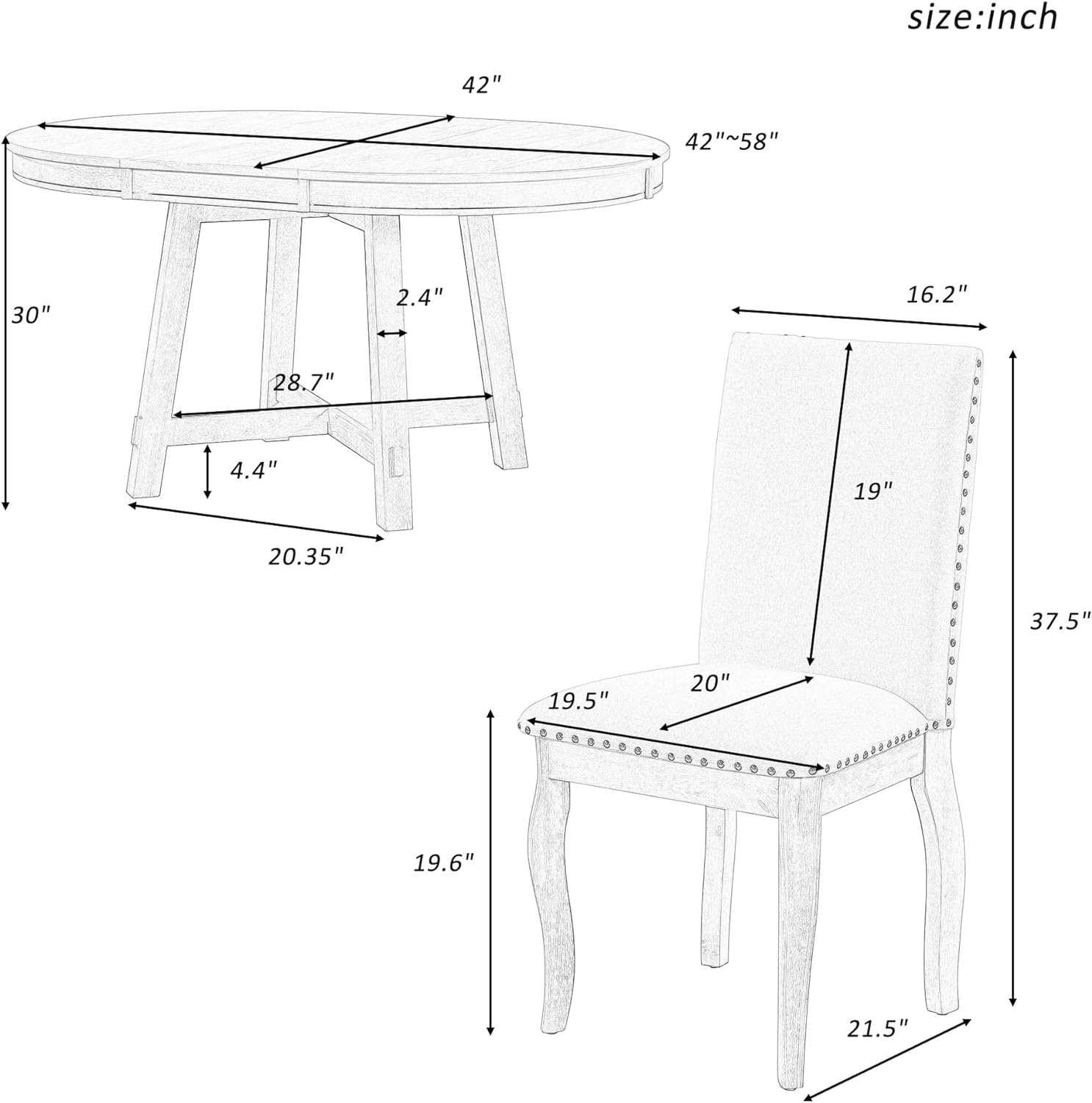 Harper & Bright Designs TREXM 5-Piece Farmhouse Dining Table Set Wood Round Extendable Dining Table and 4 Upholstered Dining Chairs (Oak Natural Wood + Antique White)