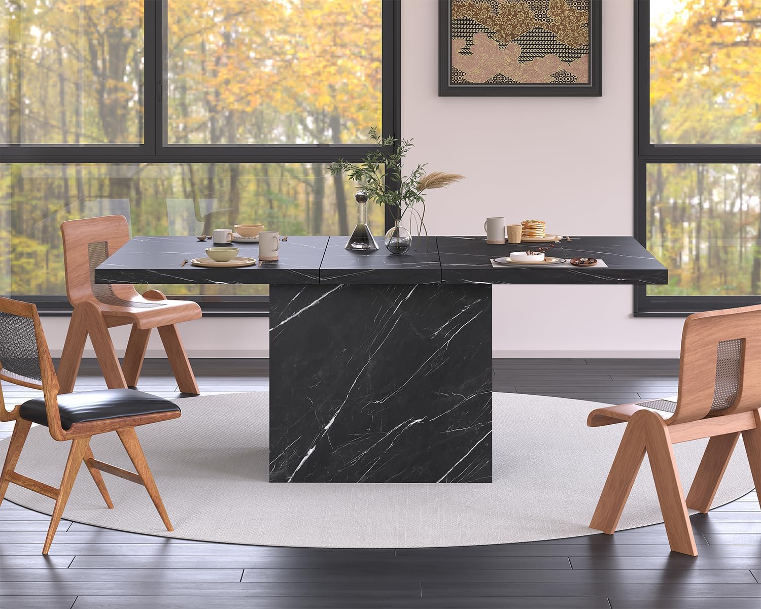 HSH 55 inch Dining Room Table for 4, Modern Black Faux Marble Dining Table, Rectangle Kitchen Table with Heavy Duty Pedestal, Industrial Wood Dinner Desk for Home Living Room, Black Marble, 55 Inch