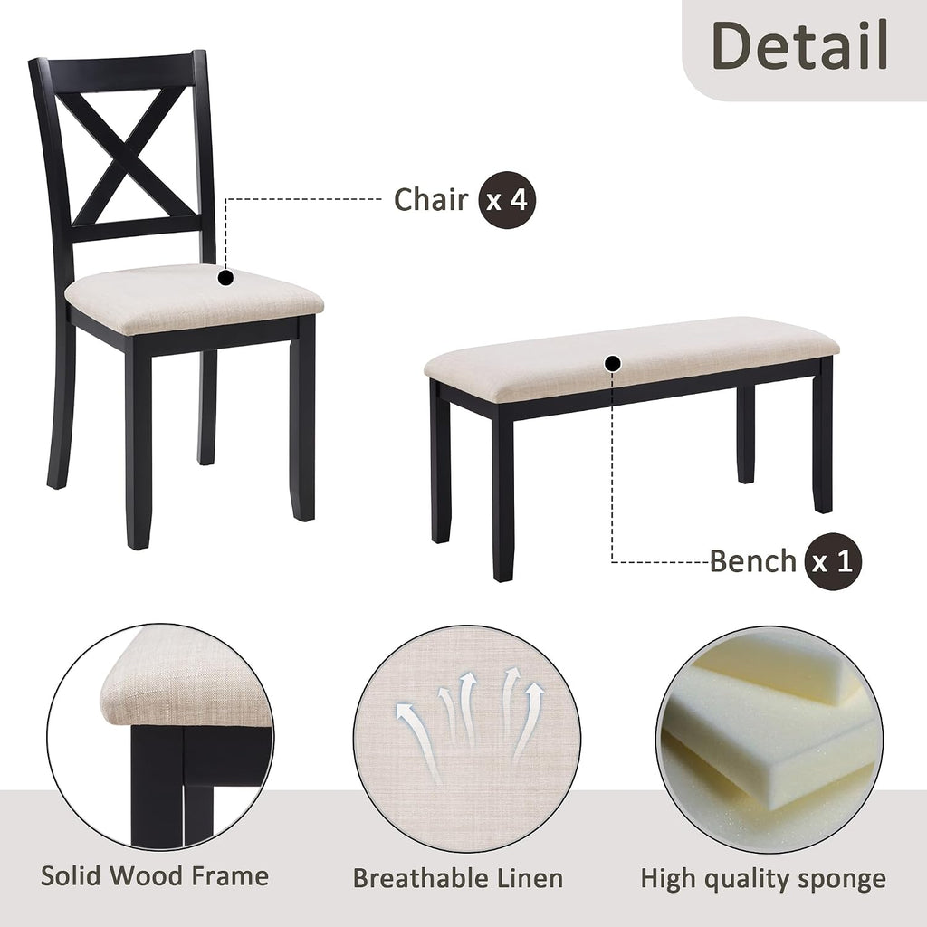 Harper & Bright Designs Dining Table Set for 6 with Bench, 6-Piece Farmhouse Kitchen Set in Black & Oak Two-Tone, Solid Wood Frame Table & 4 Chairs for Dining Room