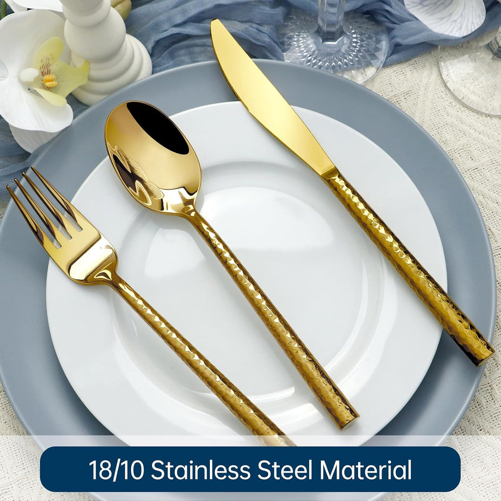 Gold Silverware 18/10 Stainless Steel 40-Piece Mirror Polsihing Flatware Round Hammered Cutlery Set Service for 8