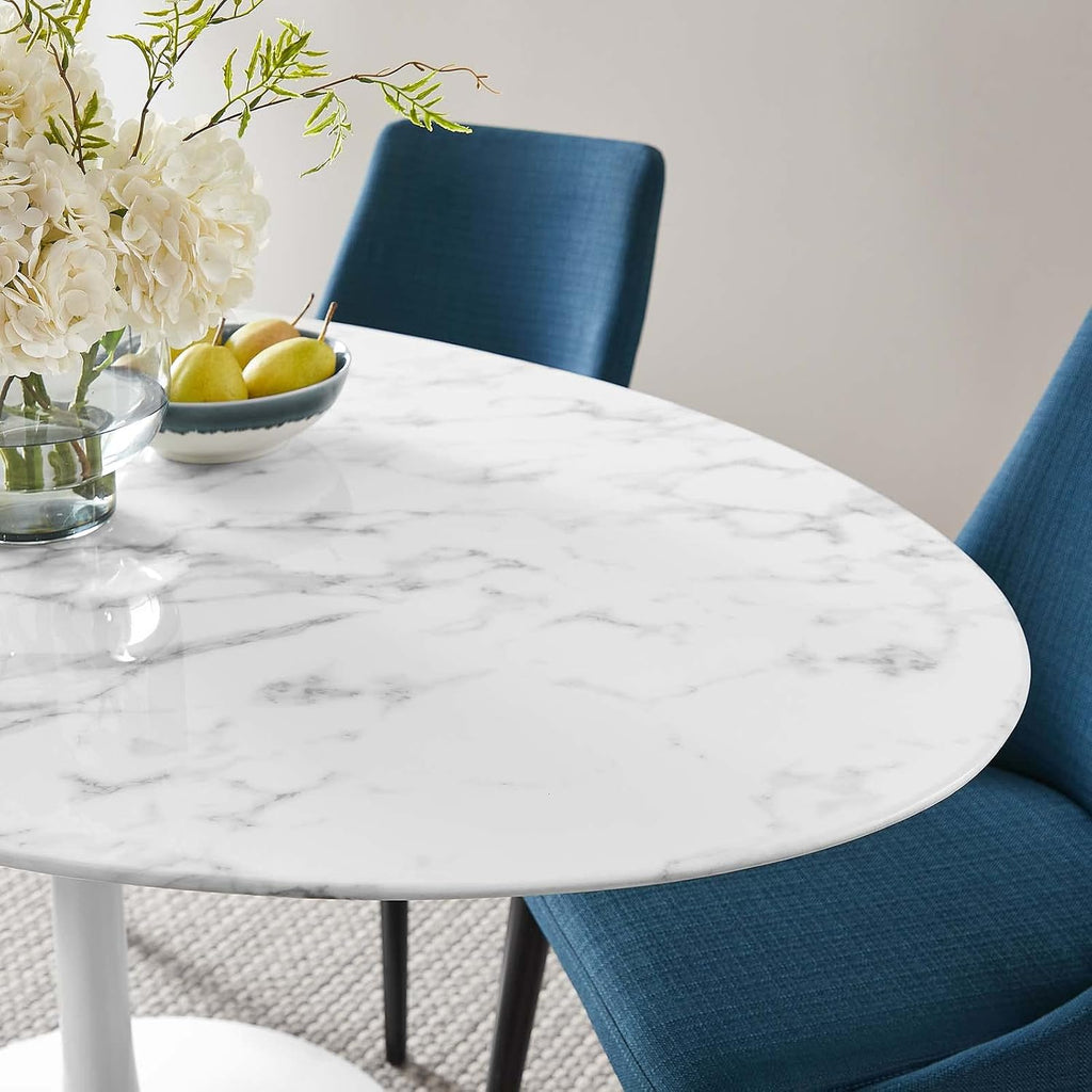Modway Lippa 60' Oval-Shaped Mid-Century Modern Dining Table with Artificial Marble Top and White Base